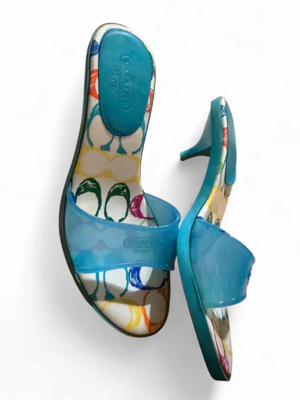 VTG Y2K Coach SCRIBBLE Signature Blue Teal Kitten Heel Slip On Sandals Size 8.5